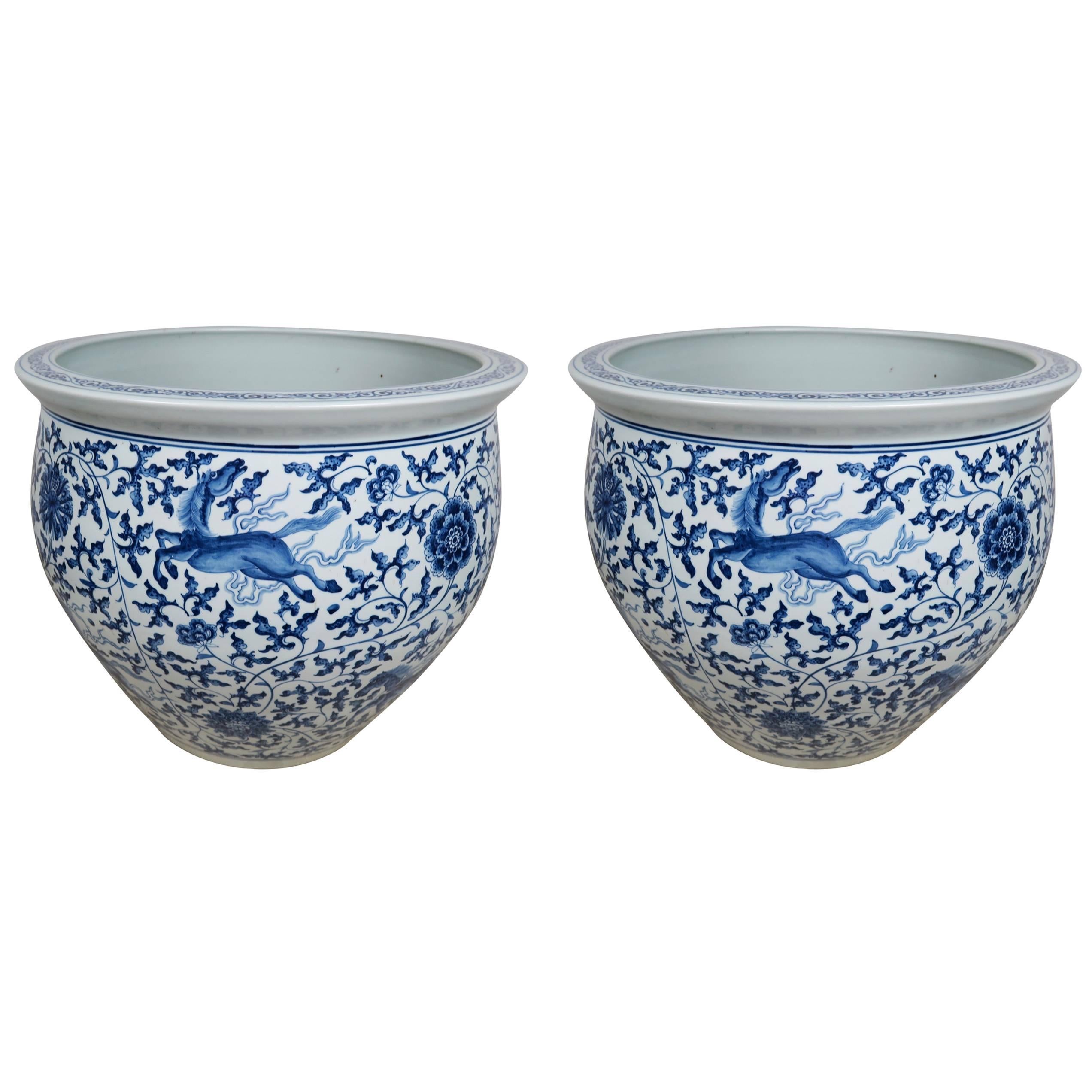 Chinese Porcelain Blue and White Planters, Pair