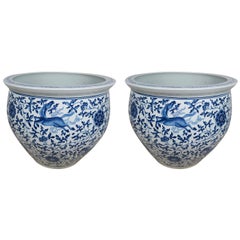 Vintage Chinese Porcelain Blue and White Planters, Pair