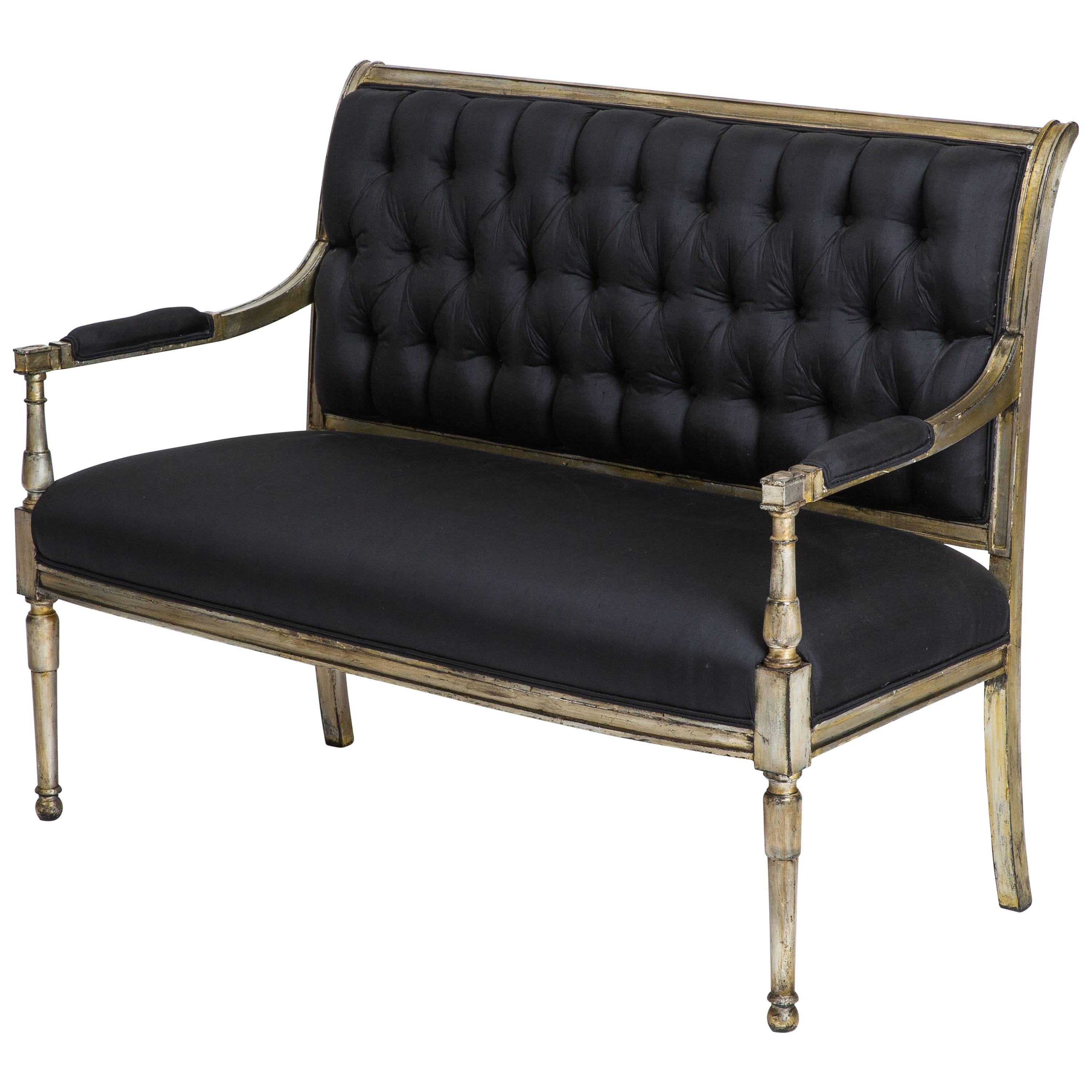 Maison Jansen Rare Stamped Silver Leaf Settee in Black Raw Silk For Sale