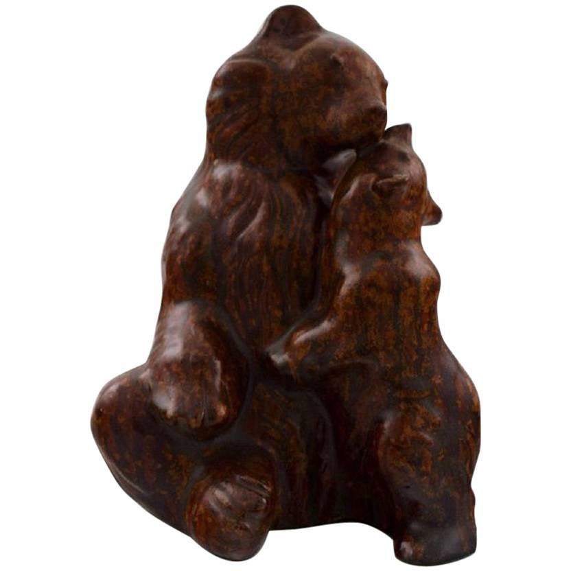 Arne Bang Figure in Stoneware, Brown Bear with Cub