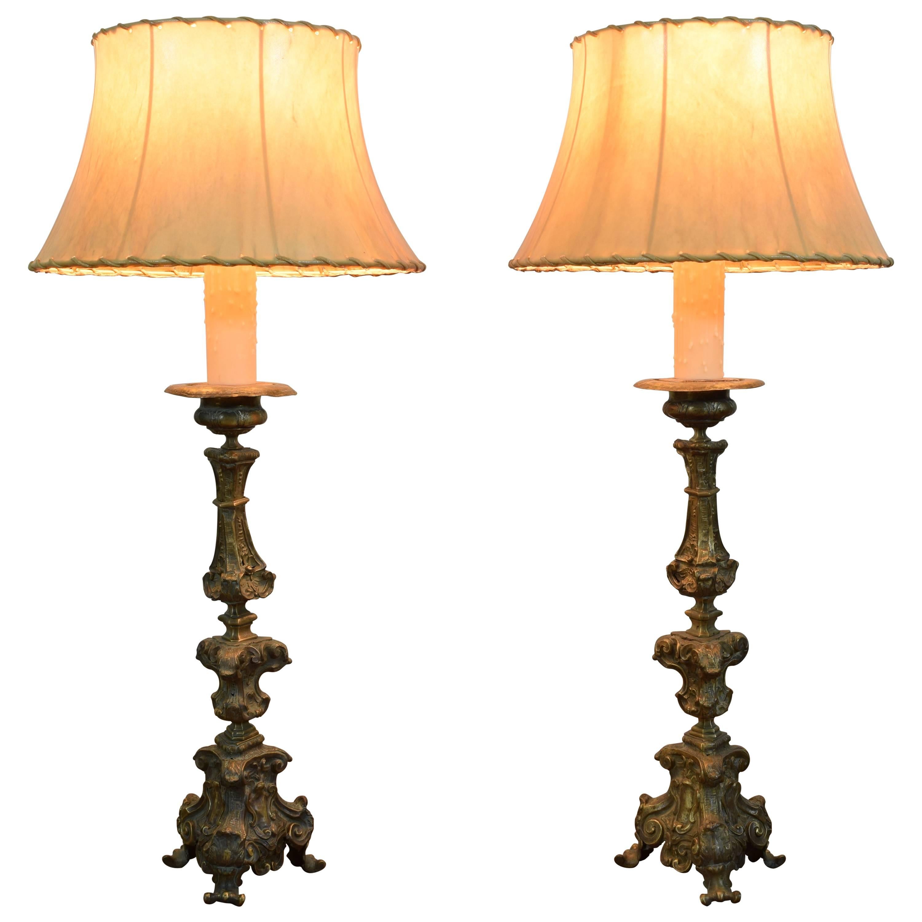 Italian Rococo Pair of Patinated Brass Table Lamps, Mid-18th Century