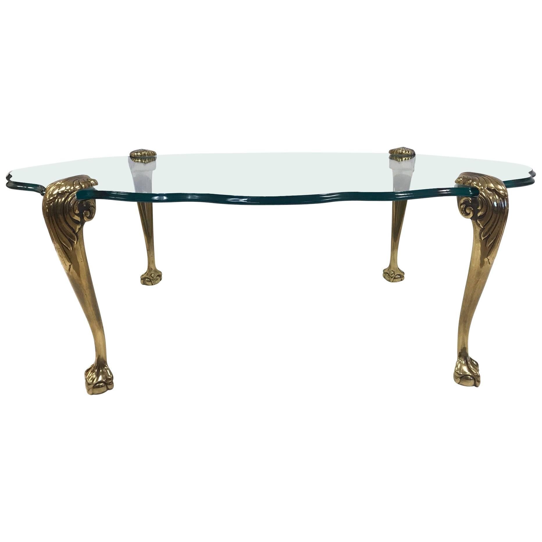 Brass Claw and Ball Glass Top Coffee Table