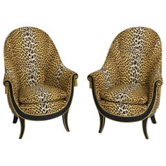 André Groult Rare Important Pair of Ebonized and Gilt Bergères in Panther Print