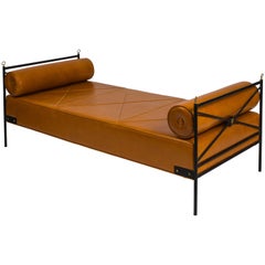 Vintage Leather and Wrought Iron Daybed Attributed to André Arbus