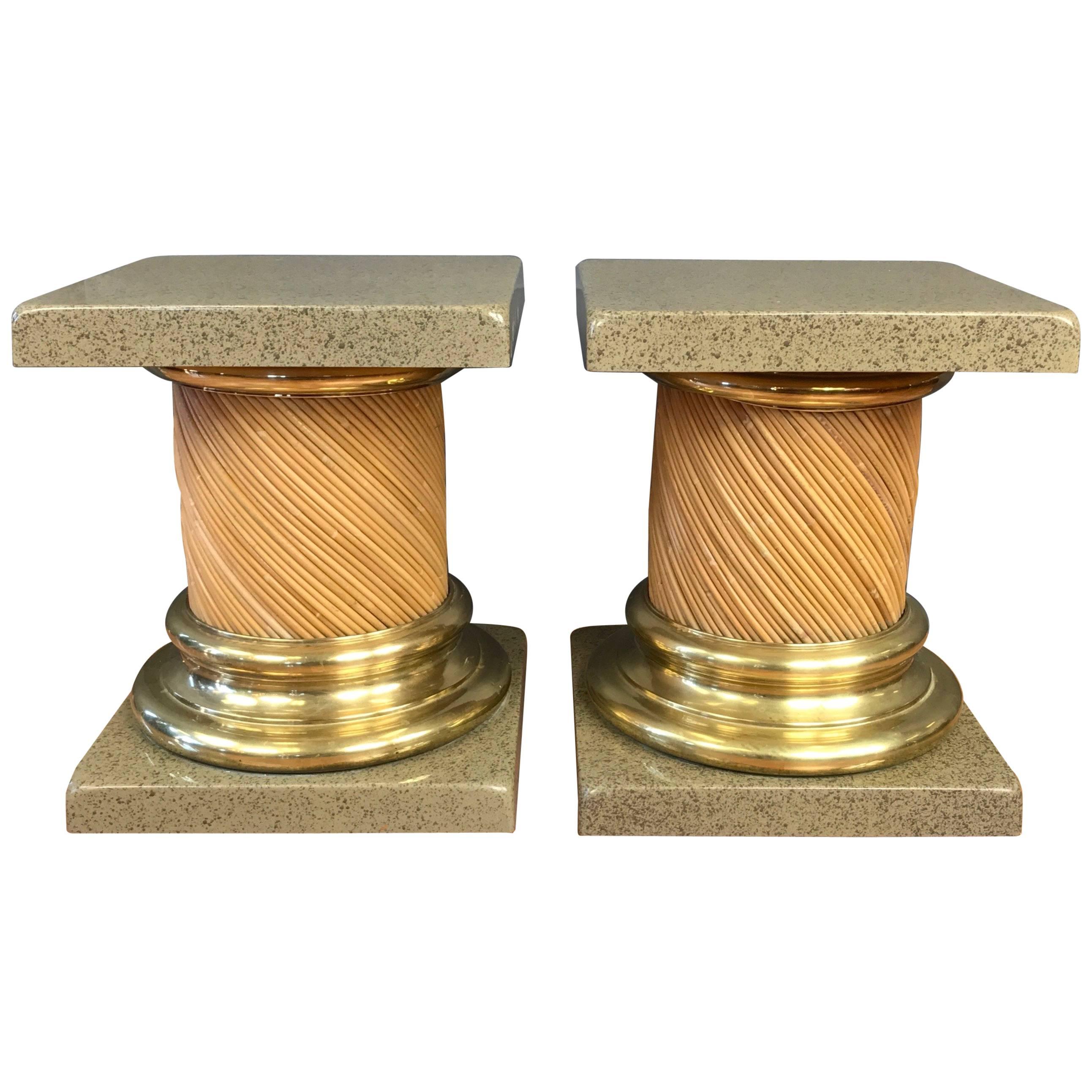 Pair of Lacquered-Top Reed and Brass Columnar End Tables