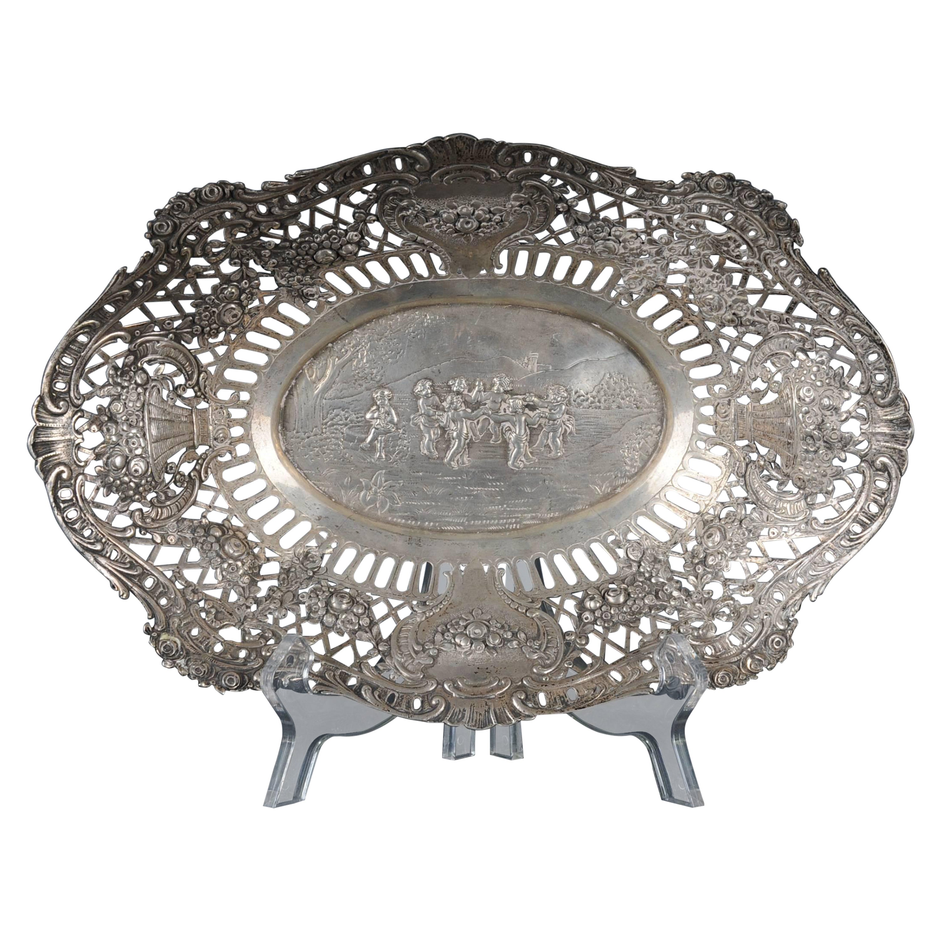 beautiful Antique 800 Silver Bread Basket bowl Germany Flowers Children For Sale