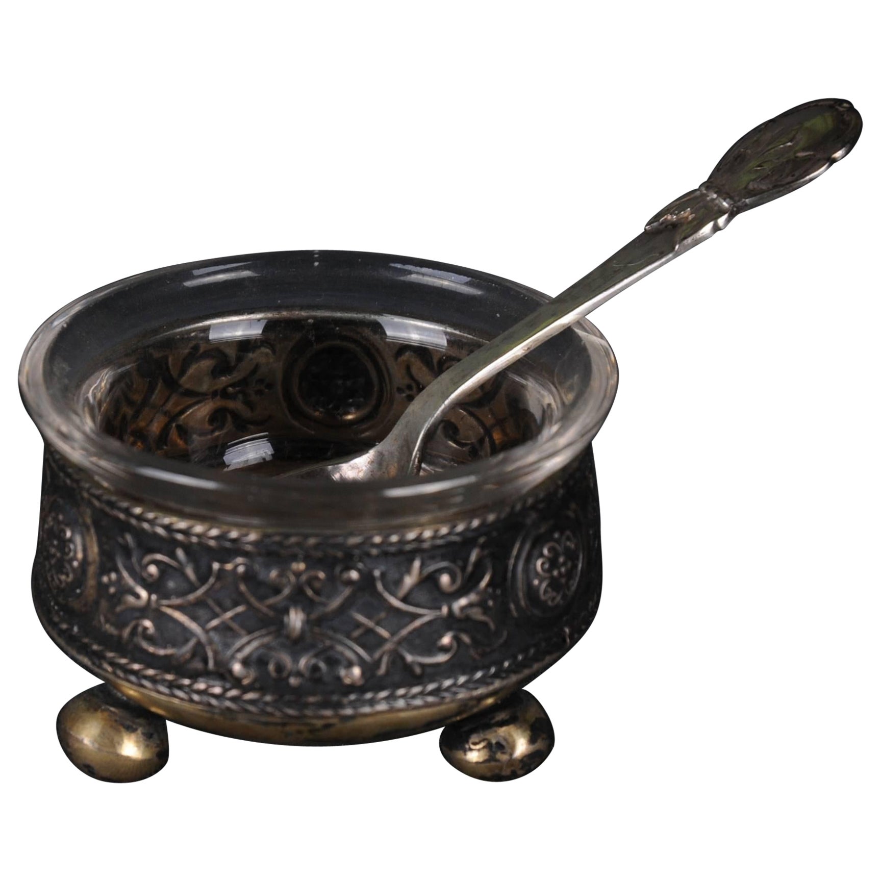 Antique Caviar ball footbowl 800 Silver Germany bowl glass insert & 830er Spoon For Sale