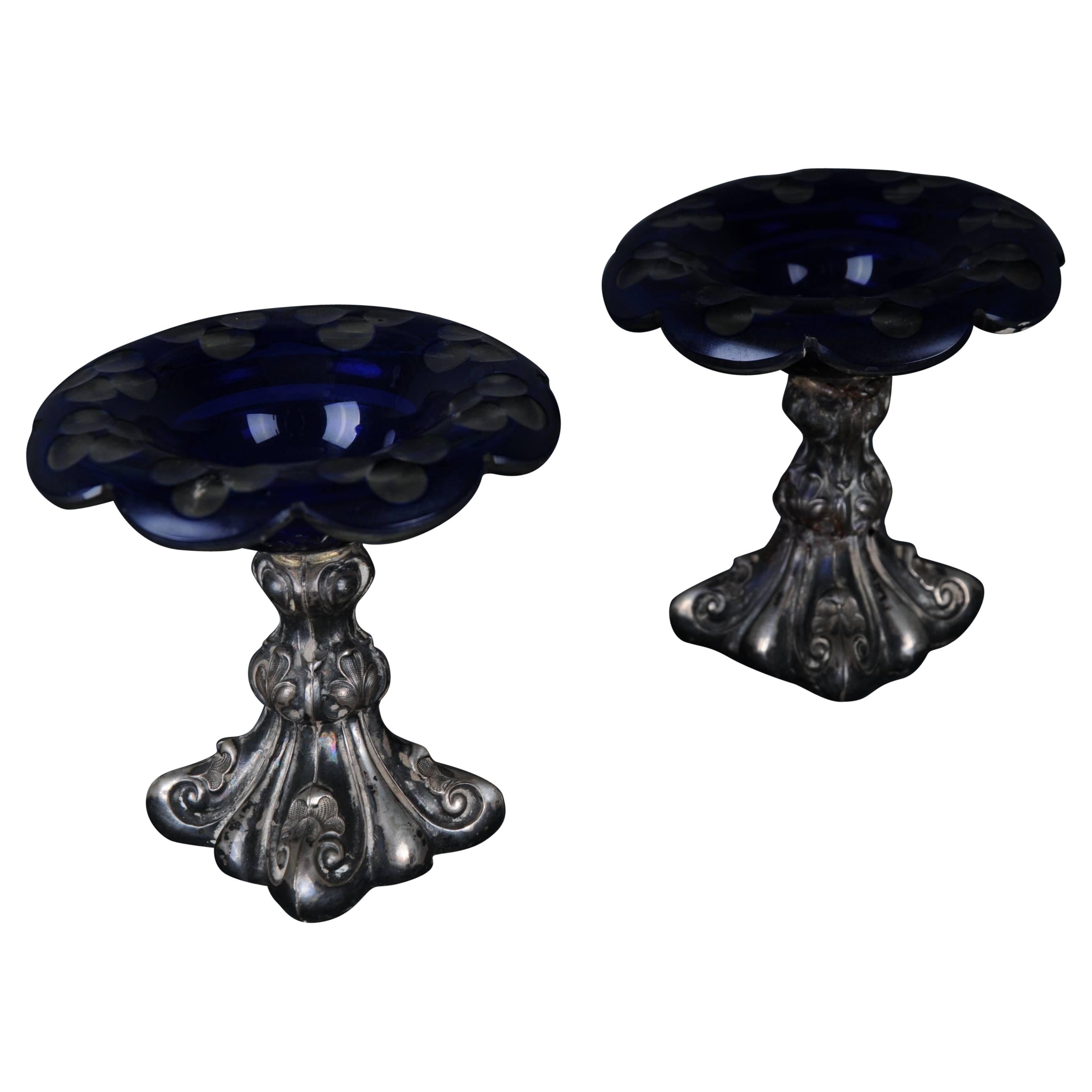 2 Antique Silver Caviar Footbowls Biedermeier Germany Bowls blue glass For Sale