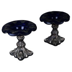 2 Antique Silver Caviar Footbowls Biedermeier Germany Bowls blue glass