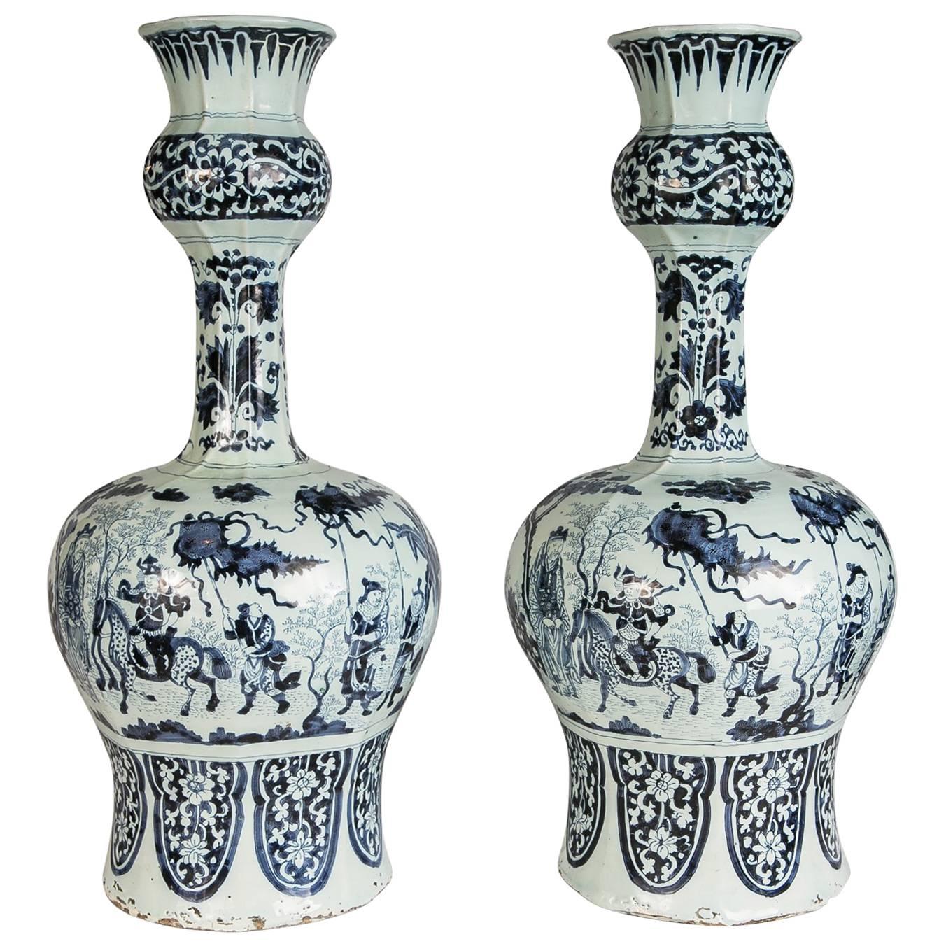 Large Pair Antique Delft Blue and White Vases Made circa 1700-1720