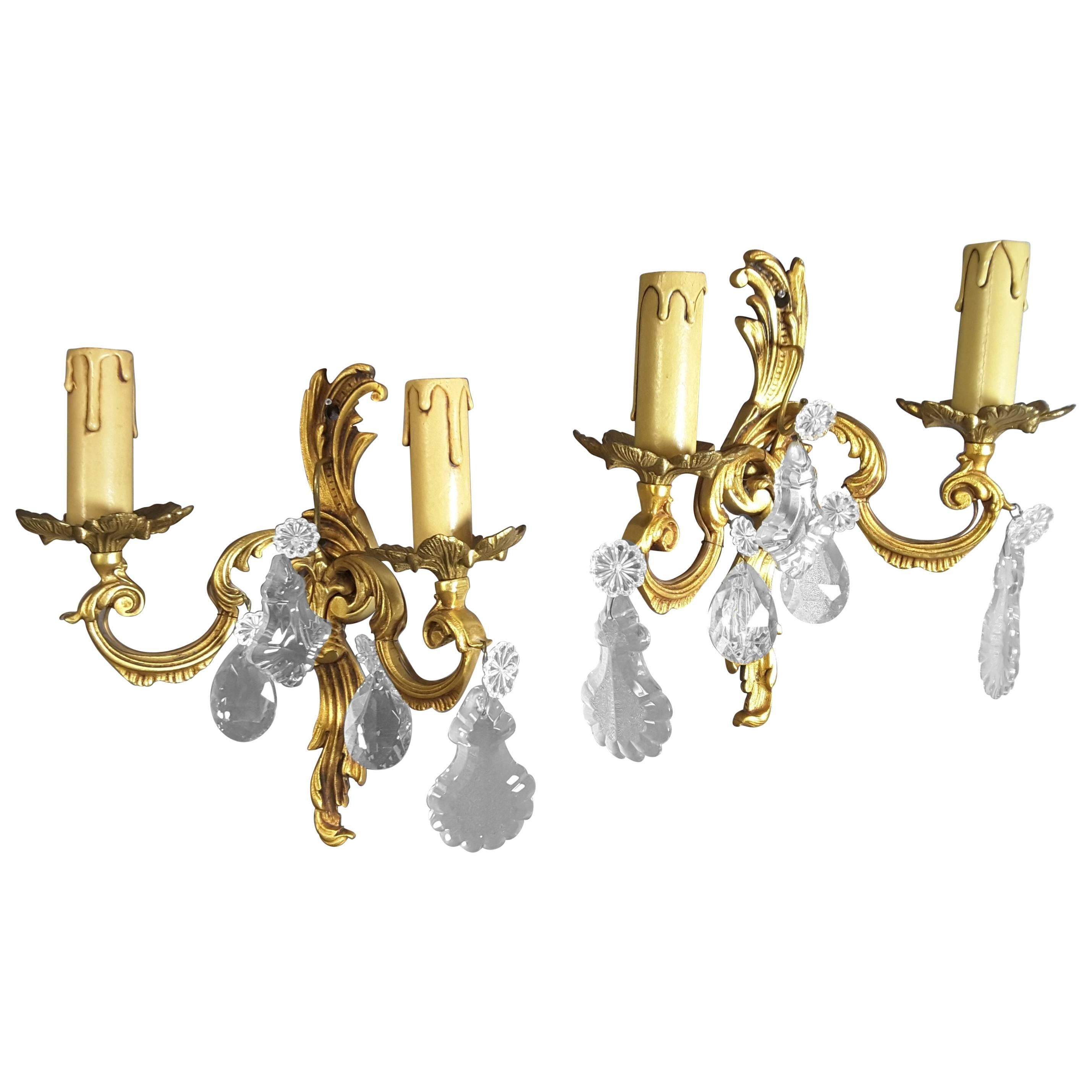 Pair of Brass/Gilt Wall Sconces with Floral Crystals