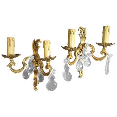 Pair of Brass/Gilt Wall Sconces with Floral Crystals