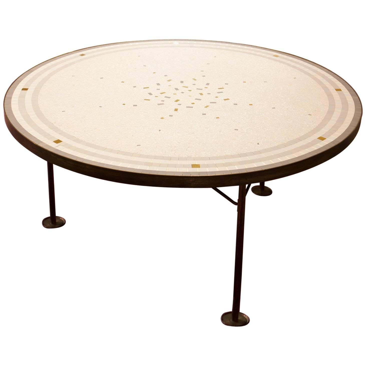 1950s Mid-Century Modern Italian Round Coffee Table in Brass with Mosaic Top For Sale
