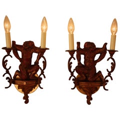 Antique Pair of Carved Wood Chinoiserie Wall Sconces