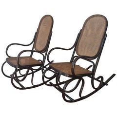 Retro Pair of Bentwood Rocking Chairs with Cane Seat and Back
