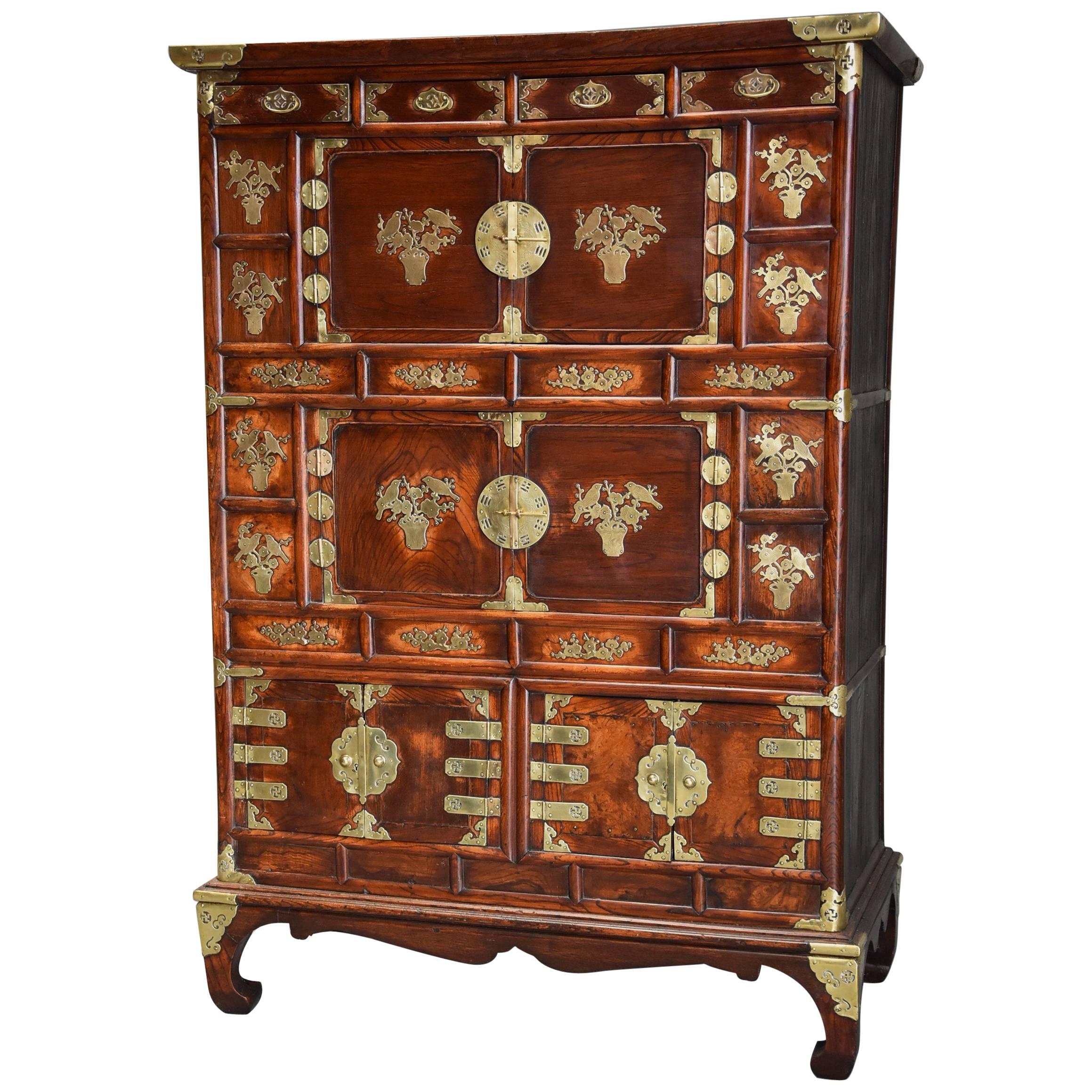 19th Century Korean Elm Cabinet with Brass Decoration of Superb Patina