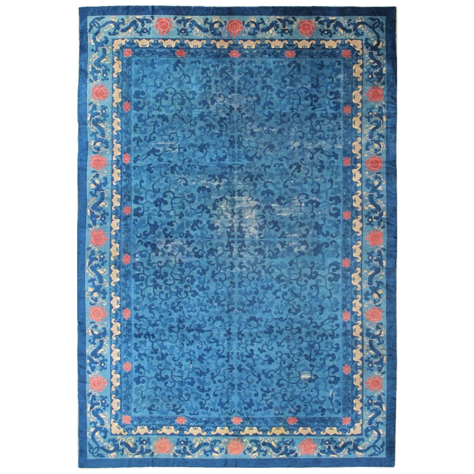 Blue 19th Century Antique Chinese Peking Rug with All-Over Floral Pattern