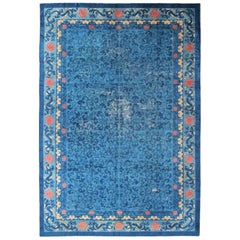 Blue 19th Century Antique Chinese Peking Rug with All-Over Floral Pattern