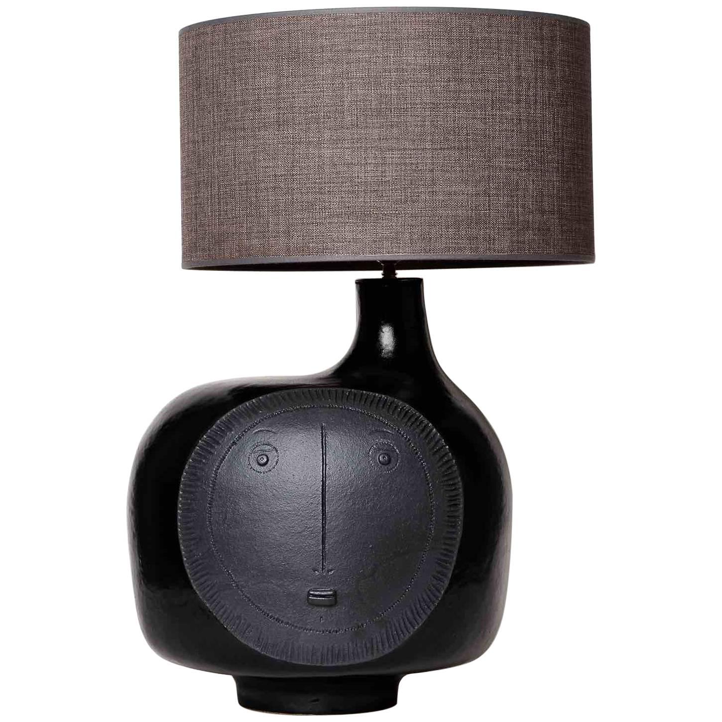 Large Ceramic Lamp Base Glazed in Black Signed by Dalo