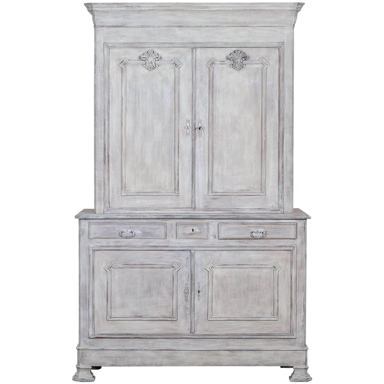 French Painted Oak Louis Philippe Buffet a Deux Corps Cabinet, circa 1850