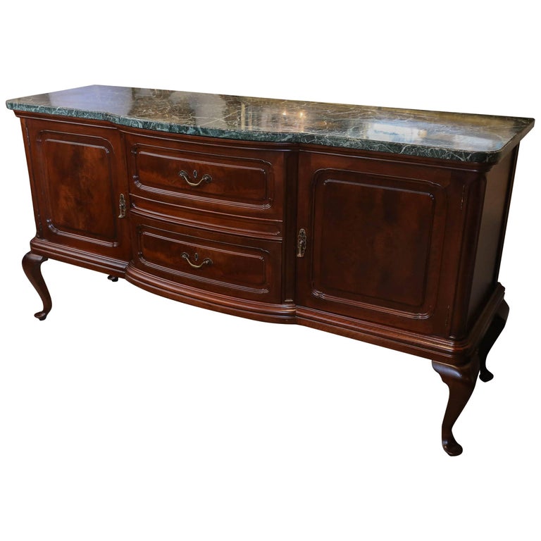 Queen Anne Style Buffet or Sideboard, Mahogany with Green Marble Top at