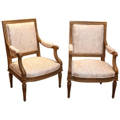 Pair of French Louis XVI Style Giltwood Armchairs or Fauteuils, 19th Century