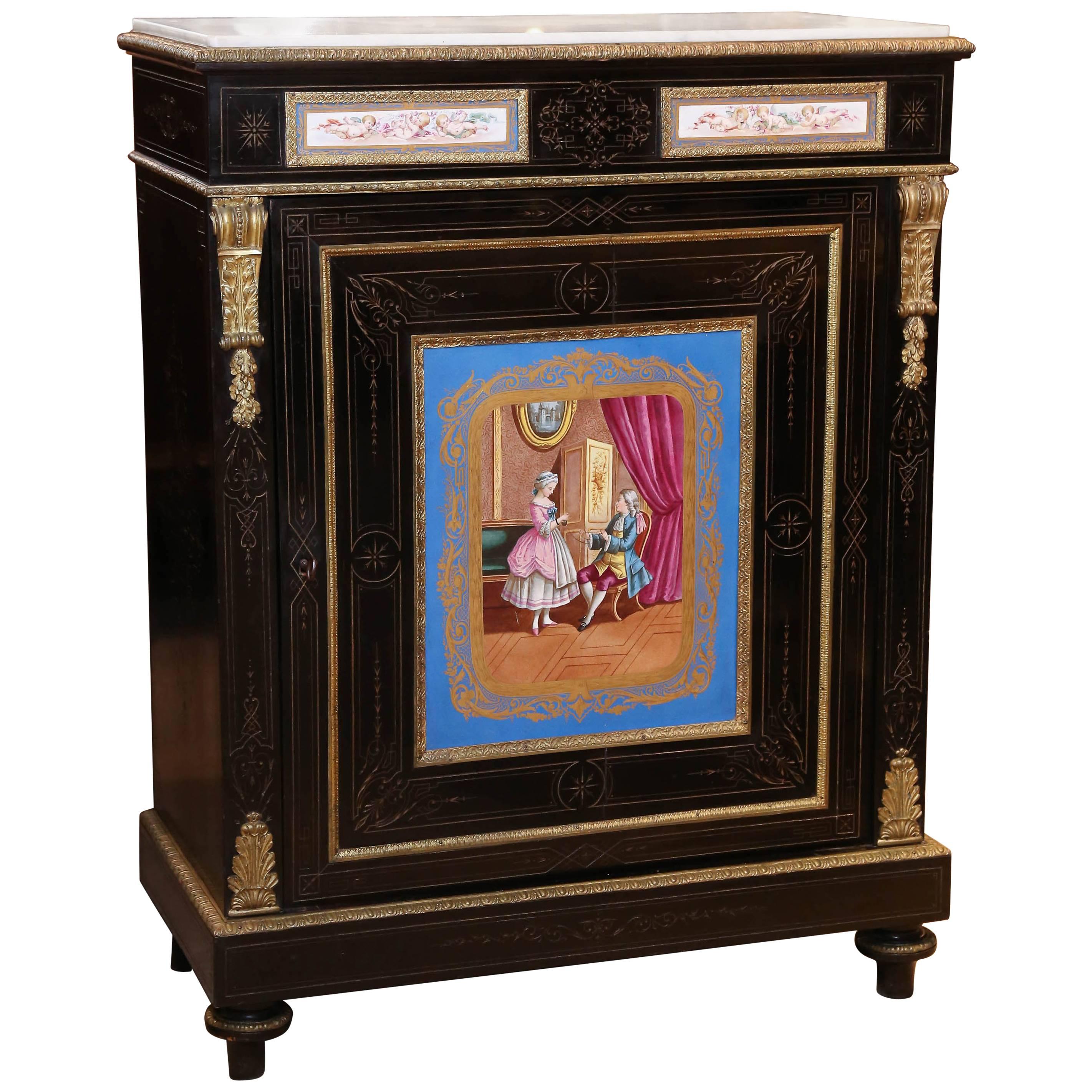 19th Century, French Ebonized Cabinet with Sèvres style Porcelain Painting 
