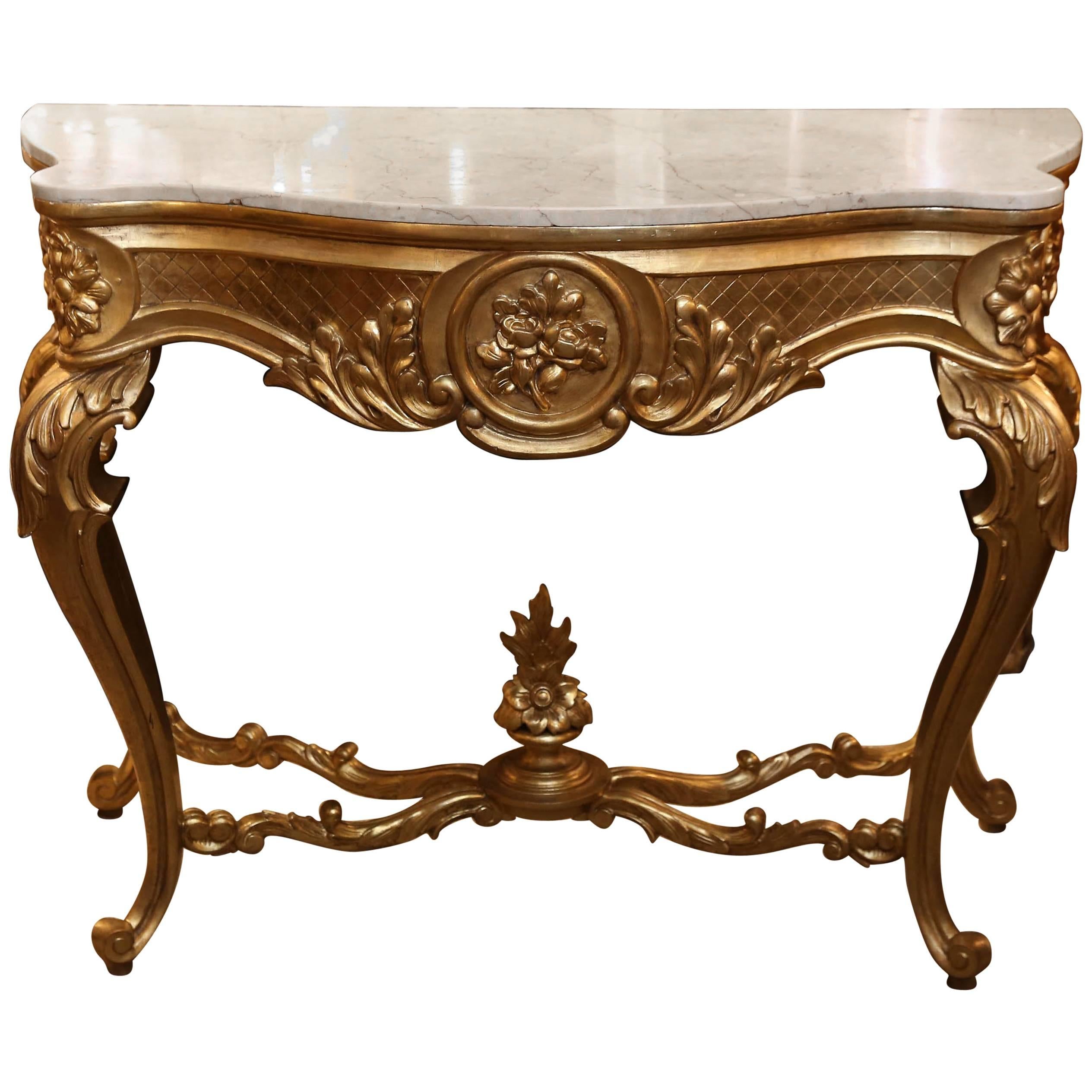 Giltwood Console in Louis XV Style, 20th Century with Cream Marble Top For Sale