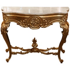 Giltwood Console in Louis XV Style, 20th Century with Cream Marble Top