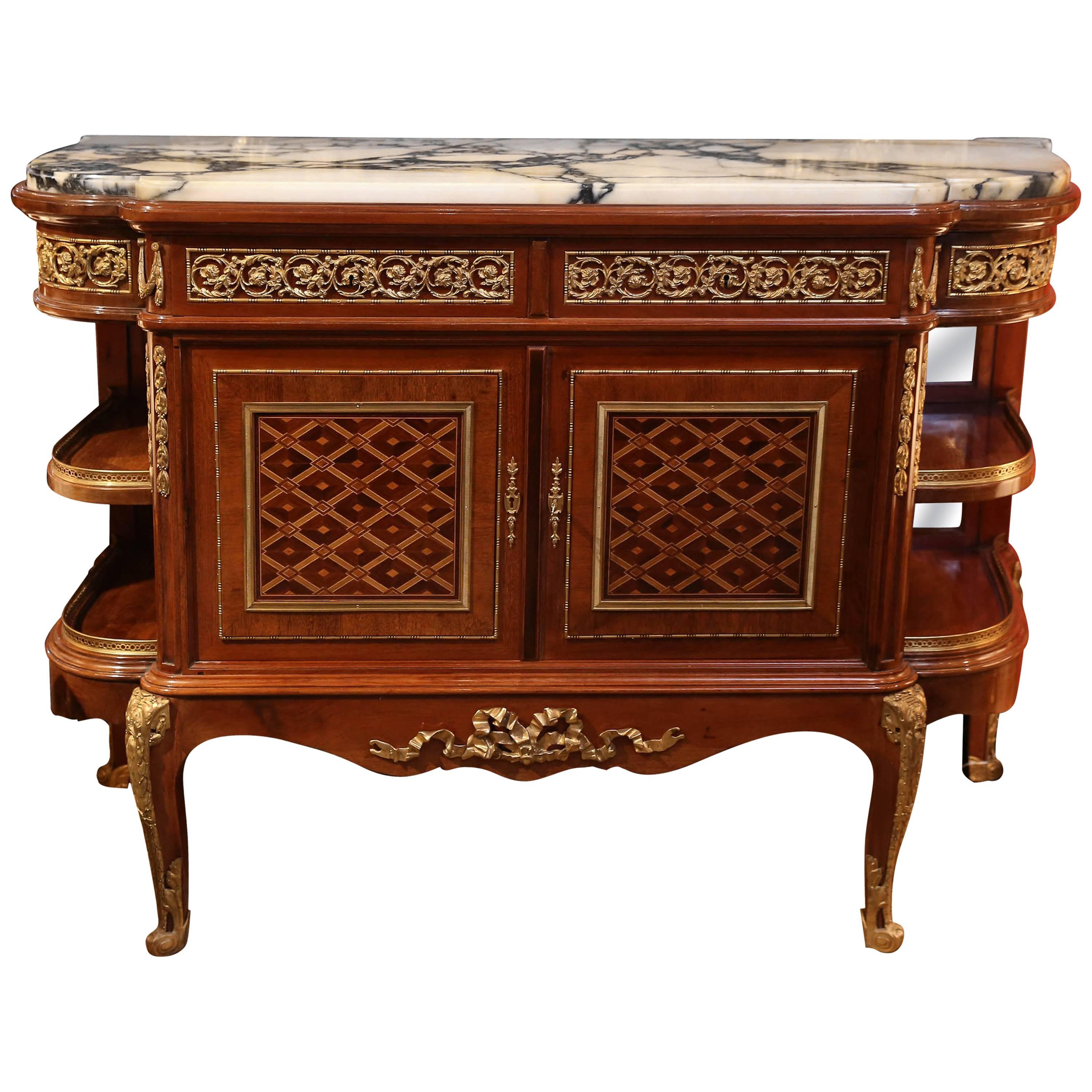 Louis XV/Louis XVI Style Gilt Bronze-Mounted Mahogany Parquetry Commode For Sale