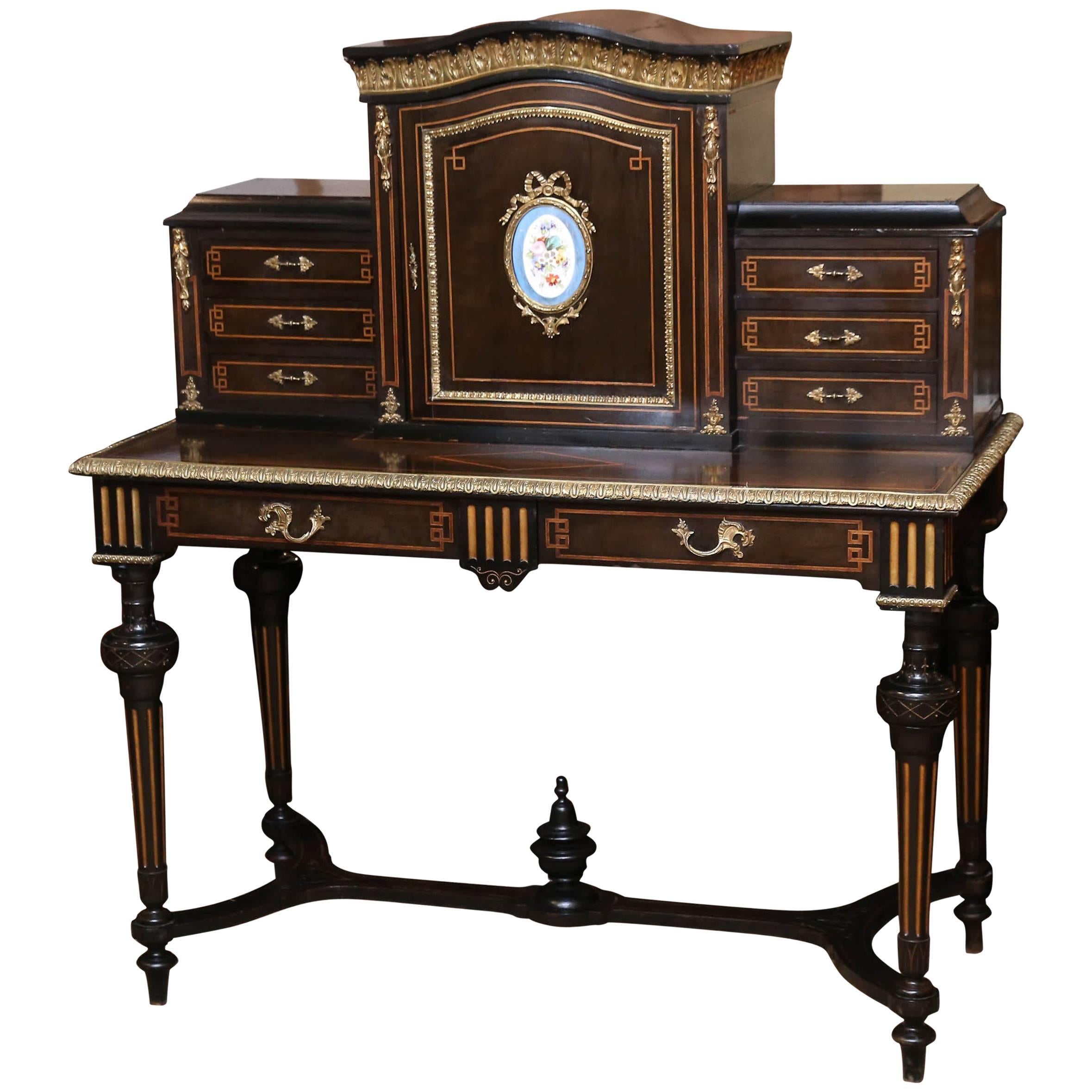 French Desk, Louis XVI Style with Sèvres Mounts and bronze dore accents For Sale