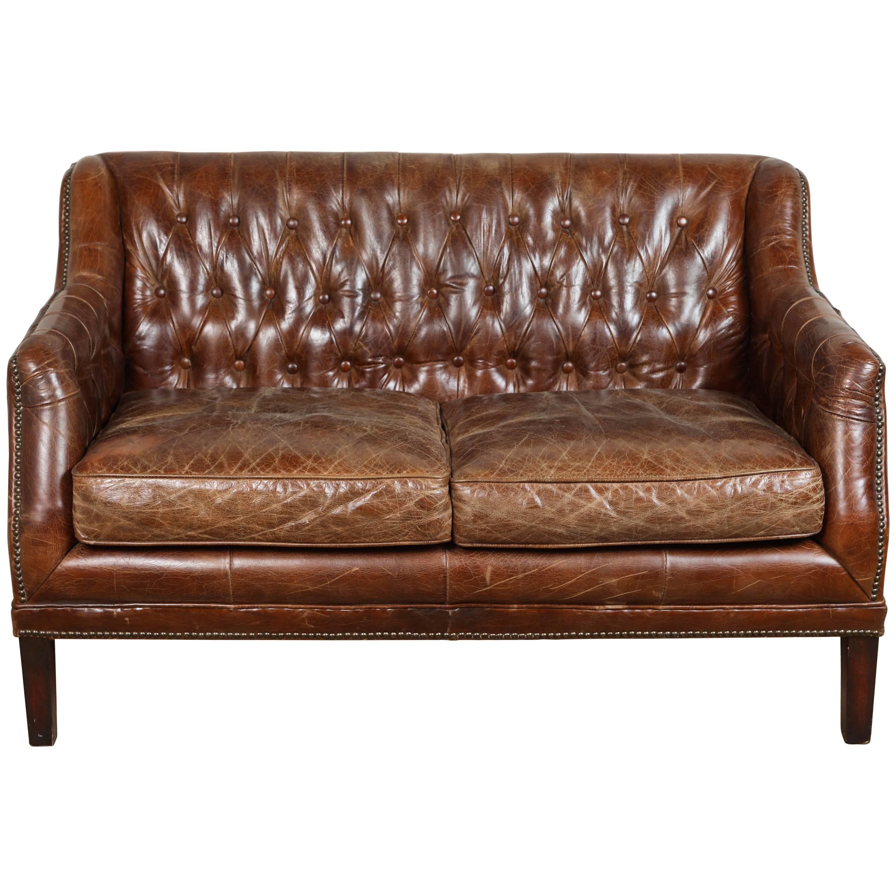 Vintage Tufted Leather Loveseat For Sale