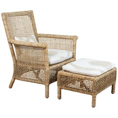 Rattan Chair and Ottoman with African Textile Cushions 5
