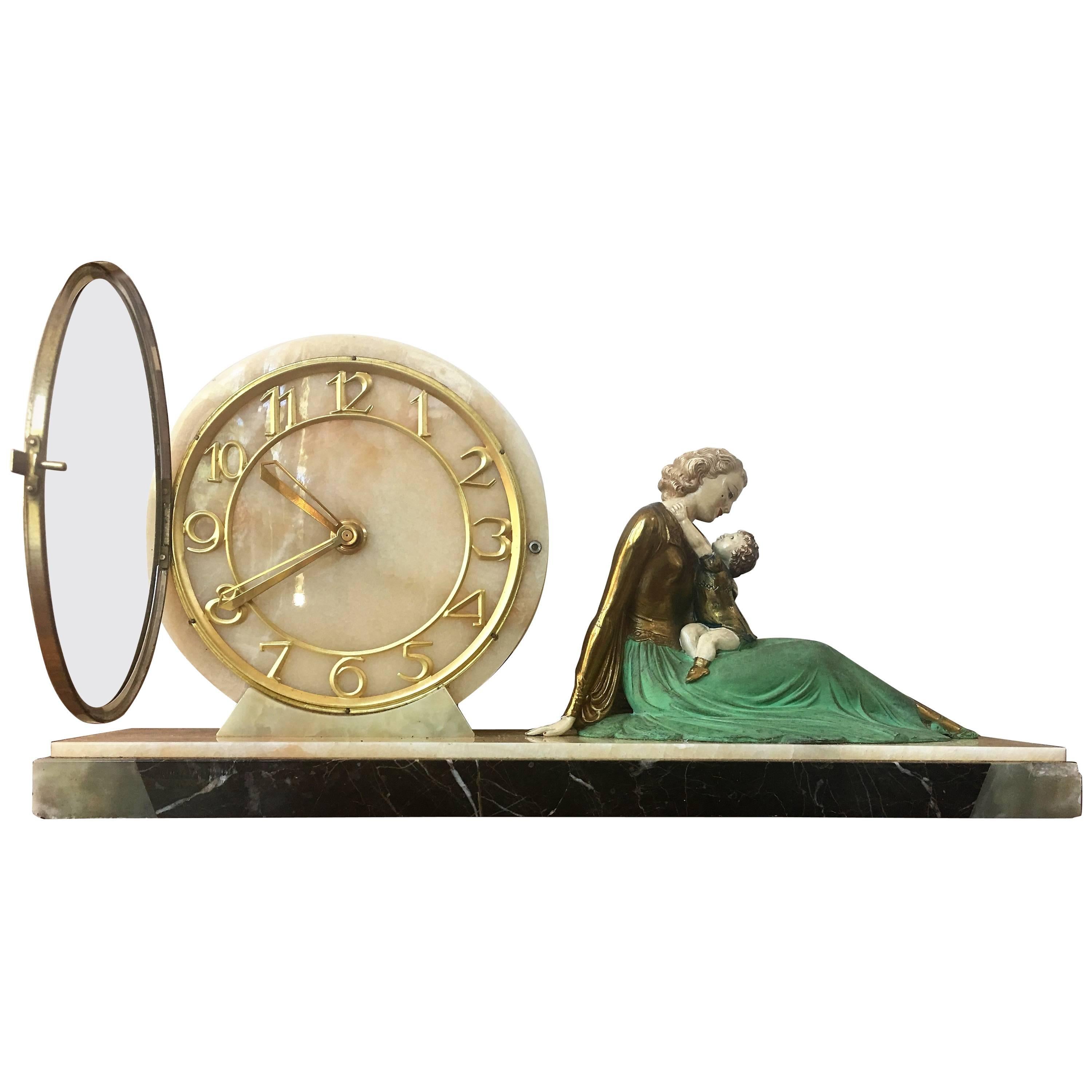 Art Deco Clock with Figurine, circa 1920 Signed by J.Roggia, France