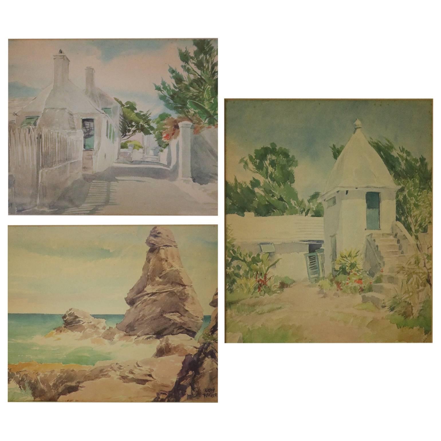 Vintage Set of Three Watercolor Prints by Treidler of Bermuda Coastal Scenes