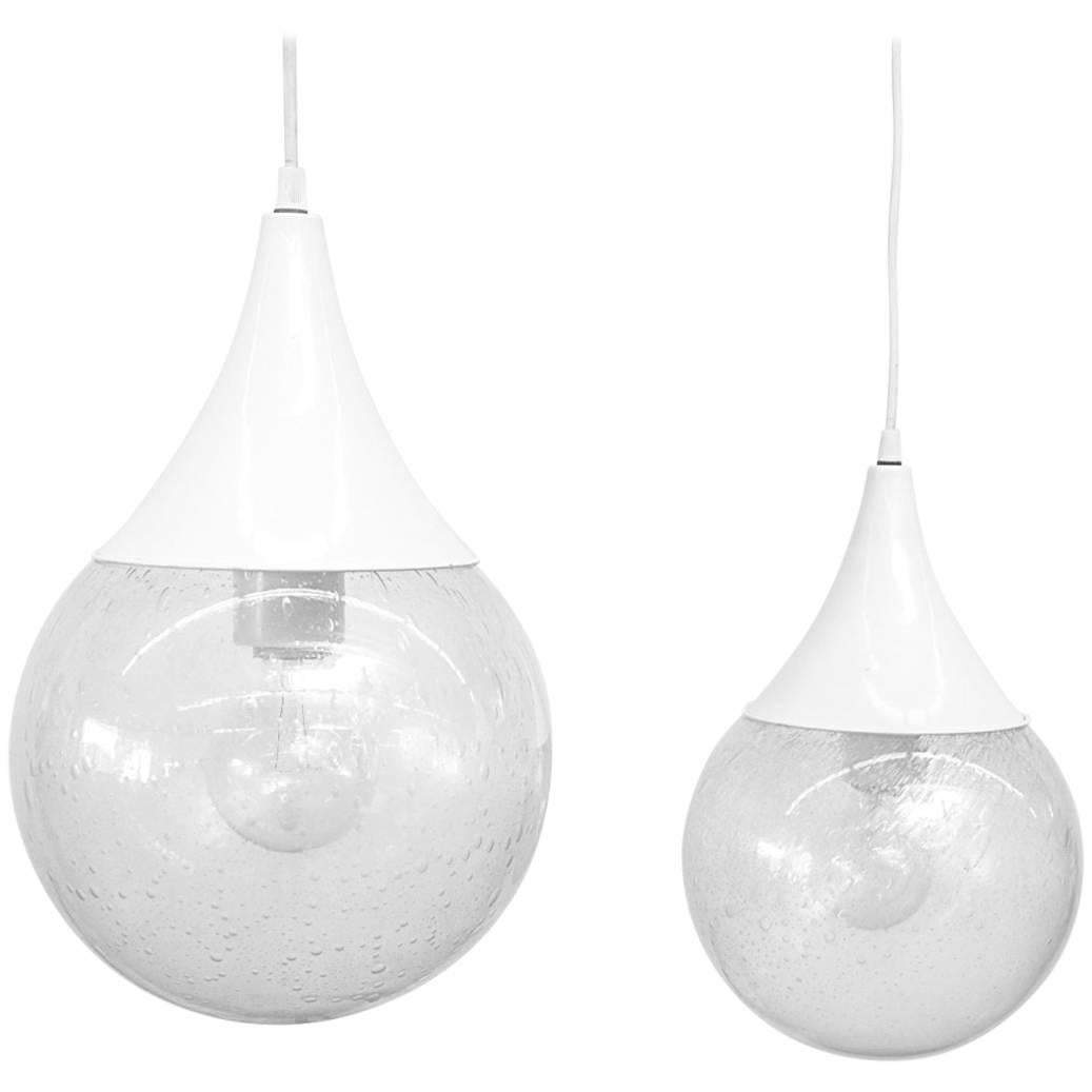 RAAK Style 'Tear Drop' Ceiling Lamps w/ Bubble Glass Globes & White Metal Caps For Sale