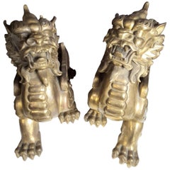 Pair of Majestic Chinese Gilt Brass Foo Dogs/Temple Dogs, circa 1880-1910