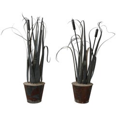 Set of Two Country French Tole Ware Potted Cattails in Zinc