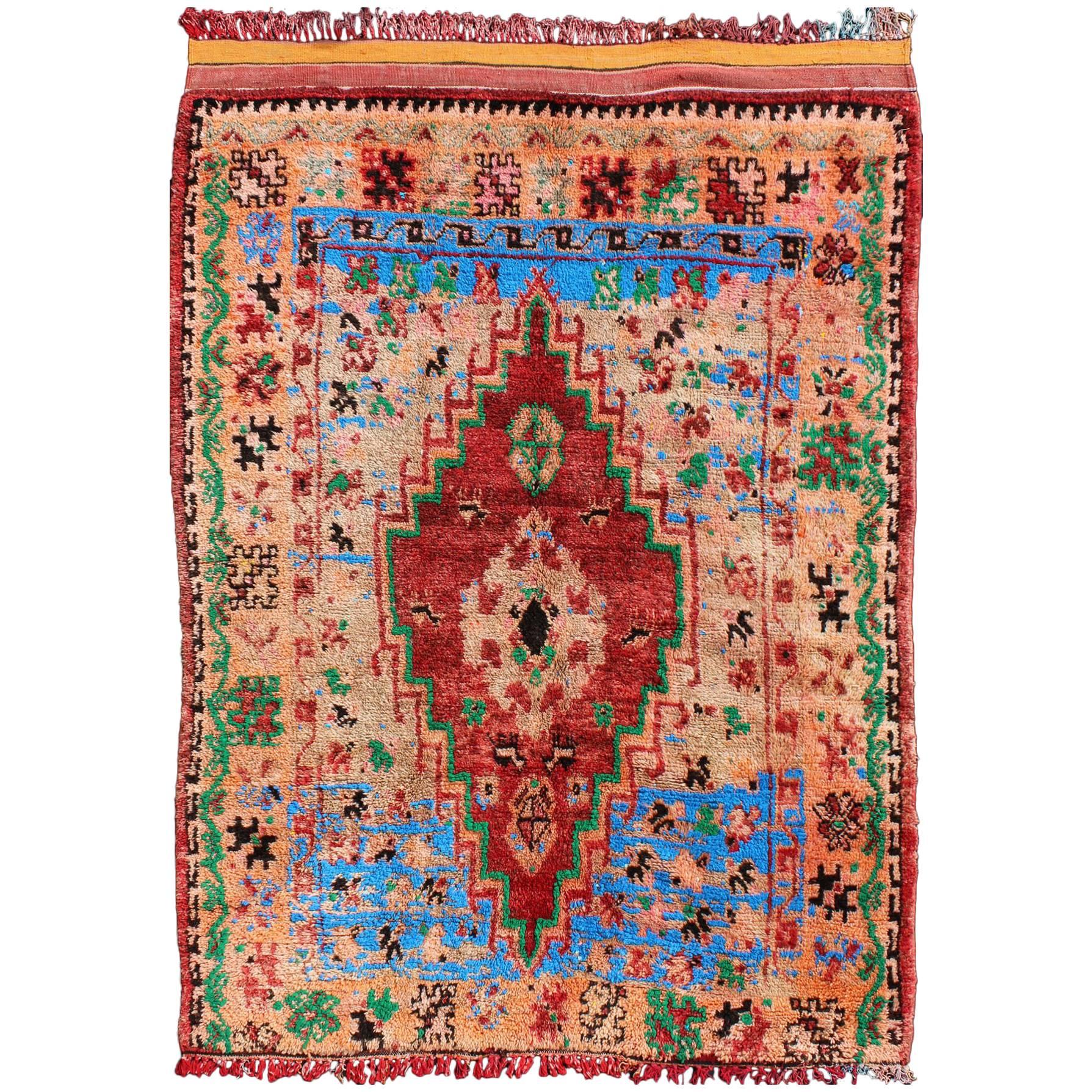 Midcentury Moroccan Rug with Diamond Medallion and Tribal Figures