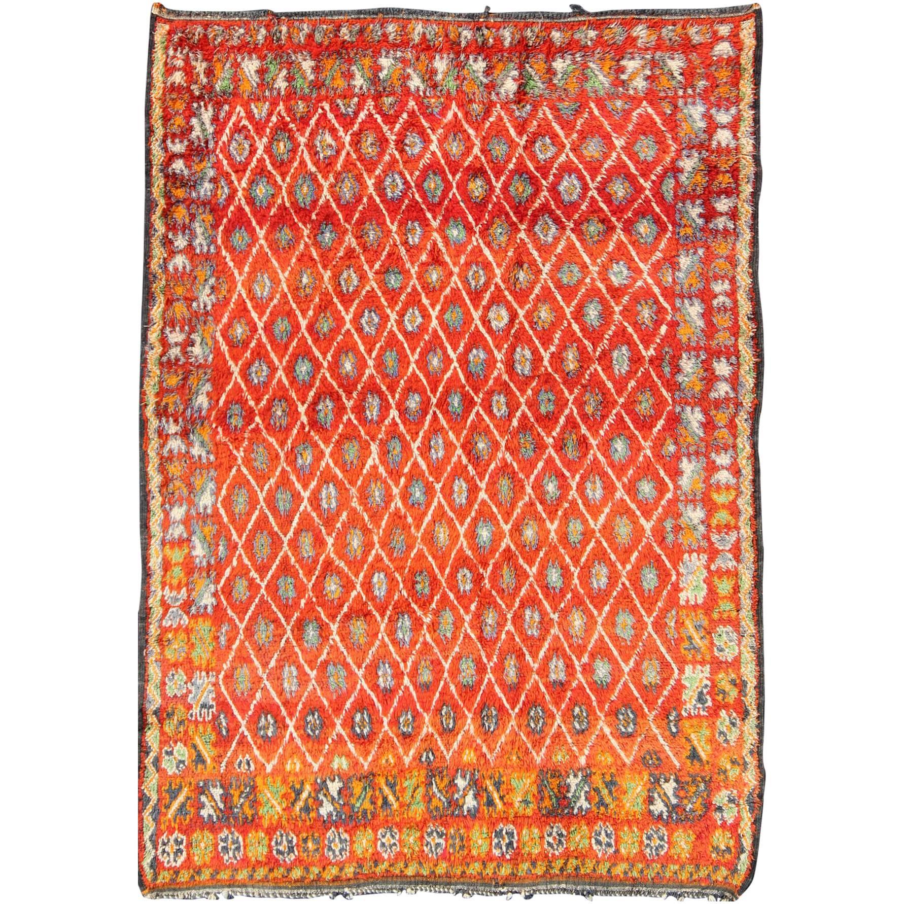 Orange and Red Background Vintage Moroccan Rug with All-Over Diamond Pattern