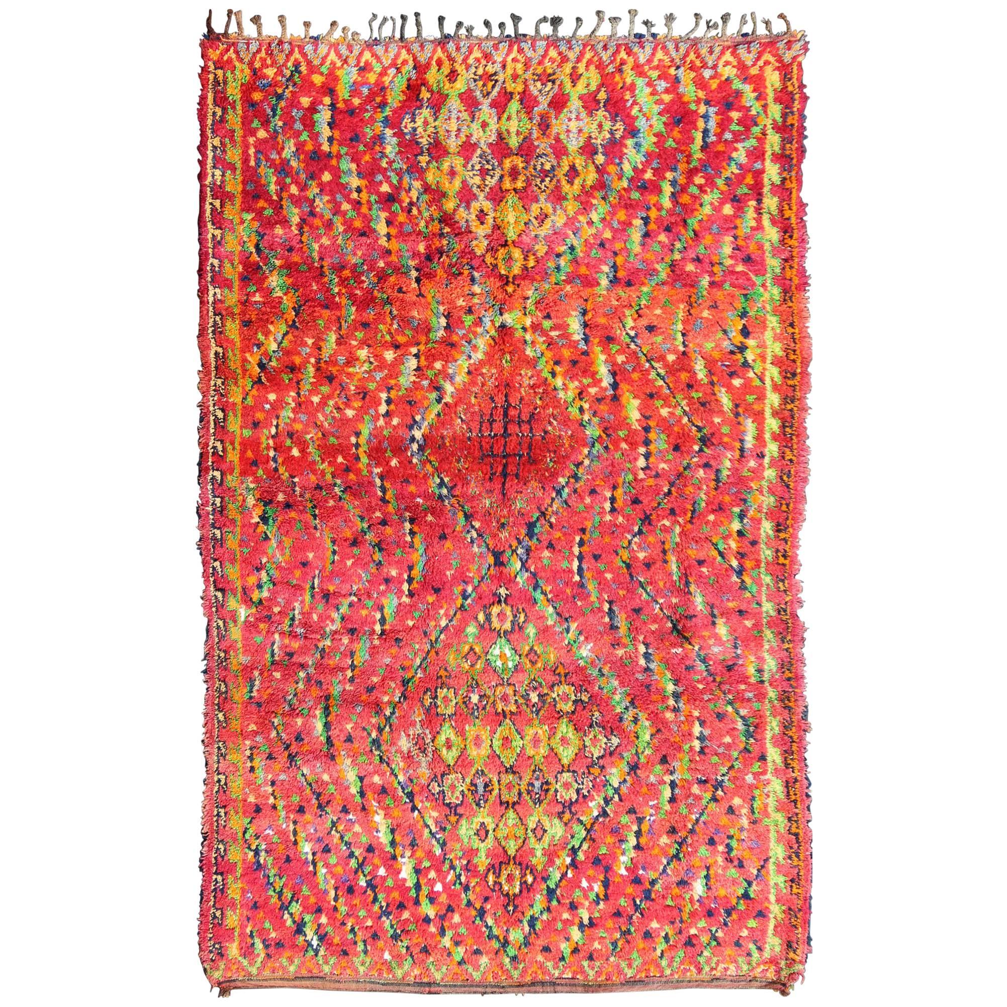 Mid-Century Tribal Moroccan Vintage Rug with Colorful, Vibrant Diamond Pattern For Sale