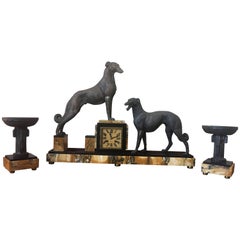 Retro Art Deco Marble and French Bronze Clock Garniture with Greyhounds, circa 1920