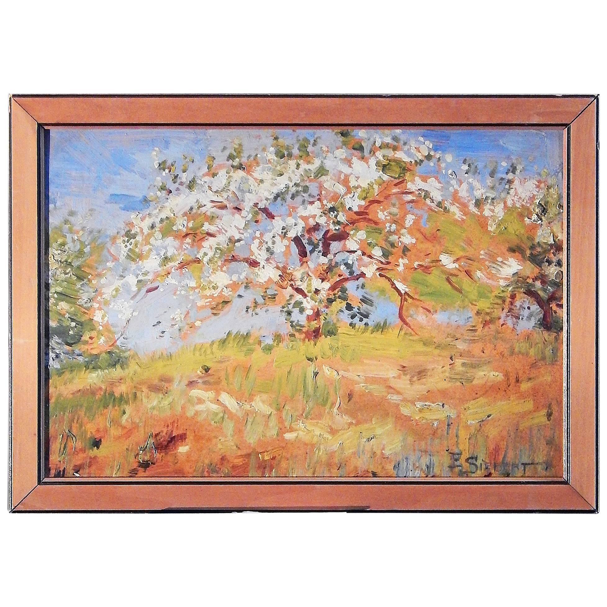 „Flowering Apple Tree“, schönes amerikanisches impressionistisches Gemälde in Weiß und Gold im Angebot