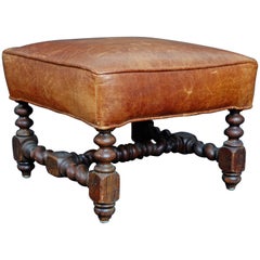 Antique Spanish Baroque Tan Leather and Turned Wood Stool