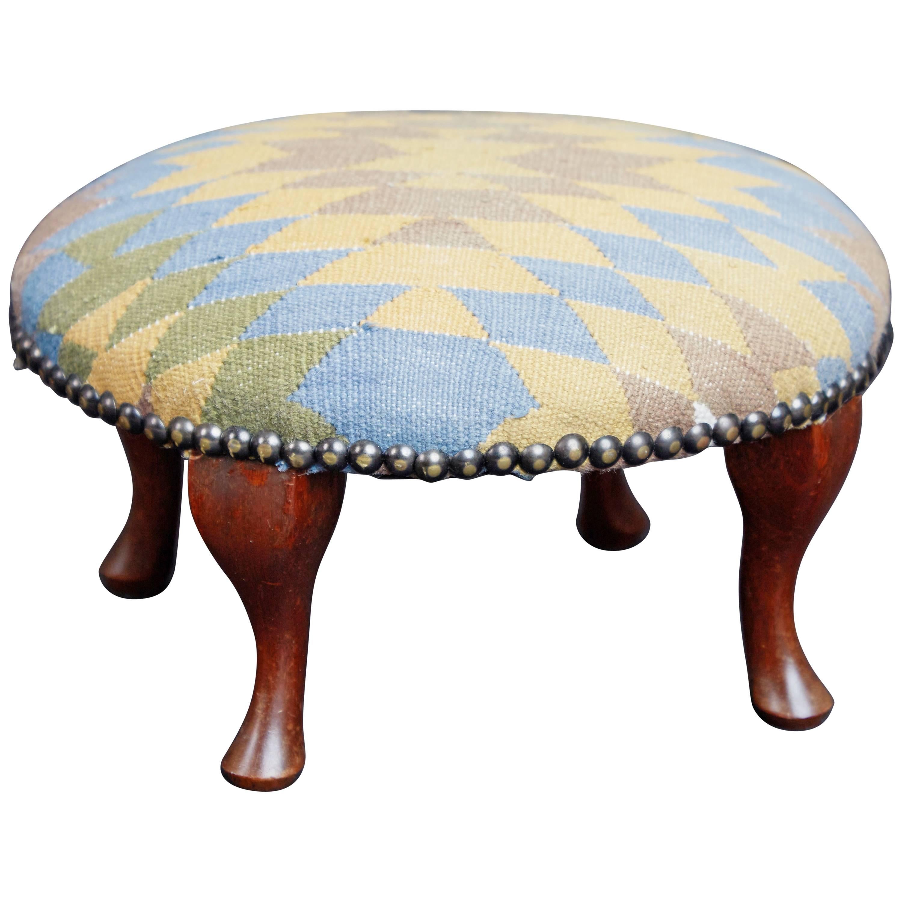 Petite Moroccan Kilim Footstool with Bronze Nailheads