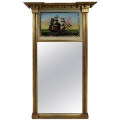 Vintage Federal Style Églomise Gilt Trumeau Mirror with Ship by Beacon Hill
