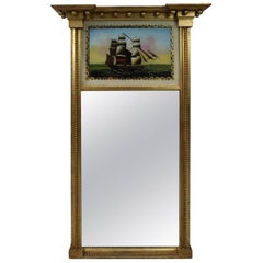 Vintage Federal Style Églomise Gilt Trumeau Mirror with Ship by Beacon Hill