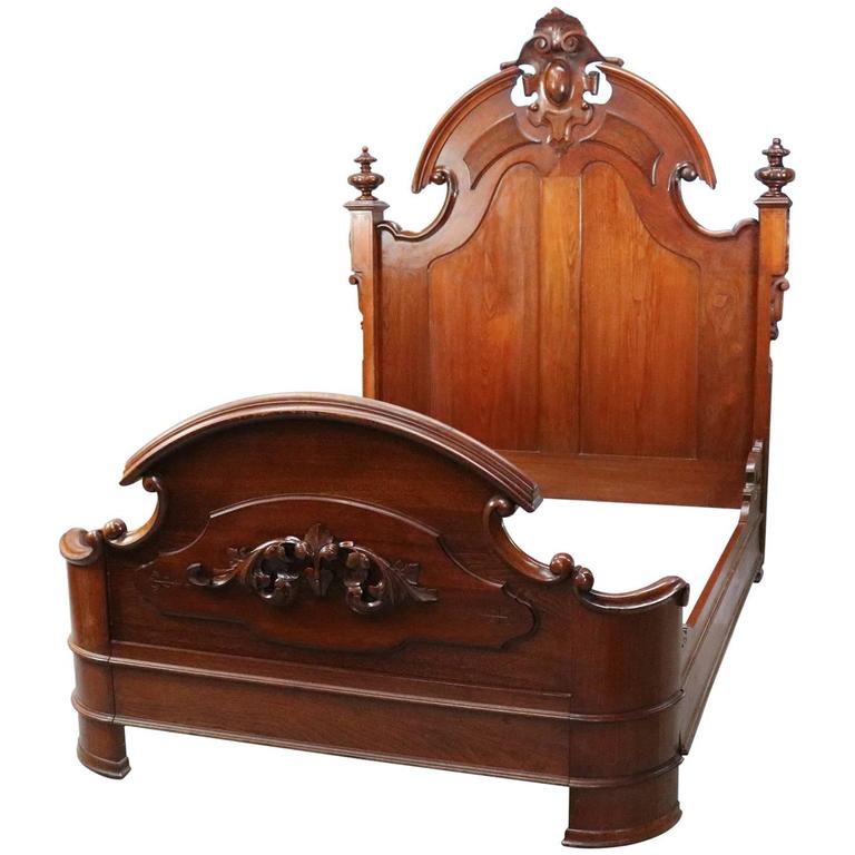 Antique Carved Walnut Rococo Revival Full Size Bed Frame, circa 1880 at