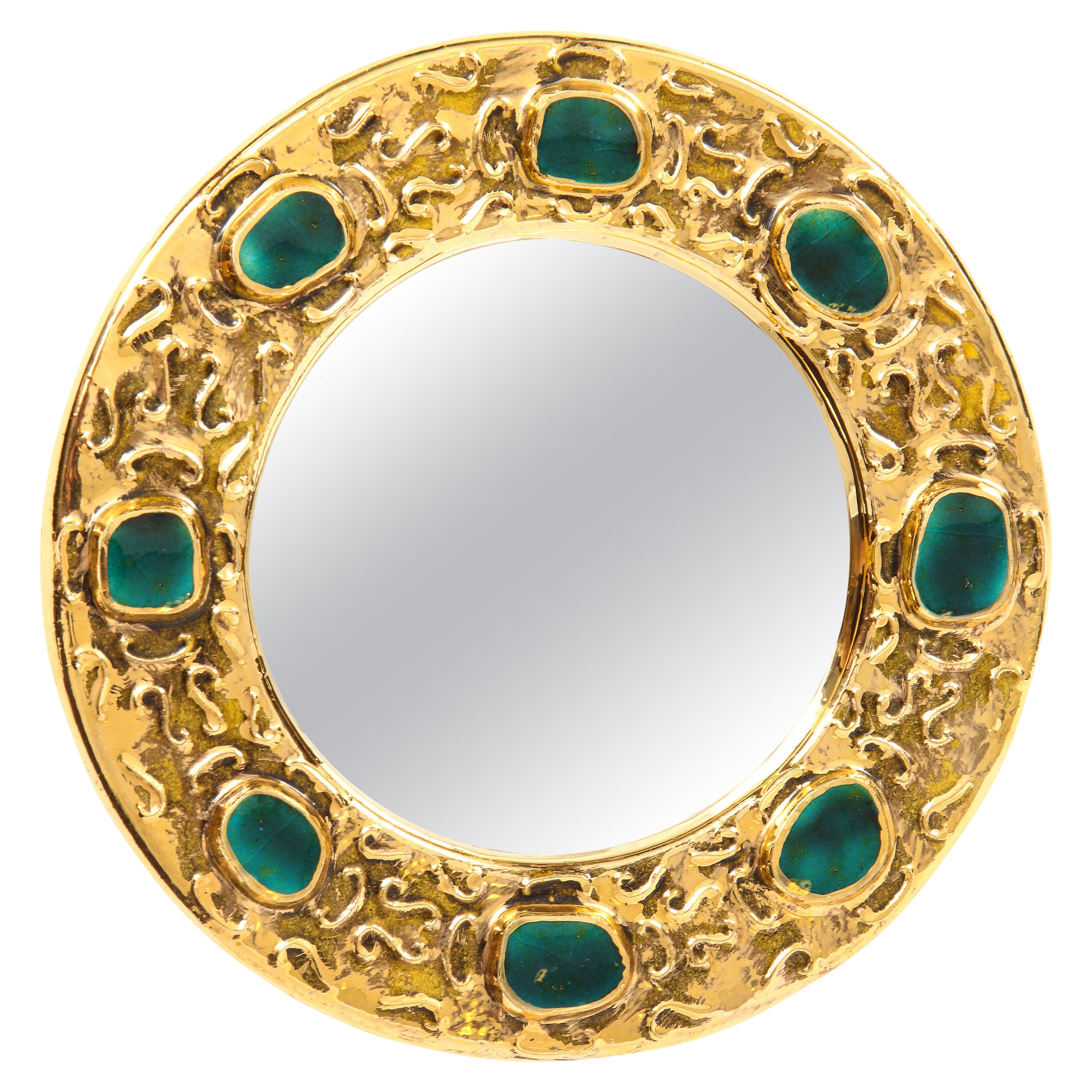 Francois Lembo Mirror, Ceramic, Gold, Green, Jeweled, Signed