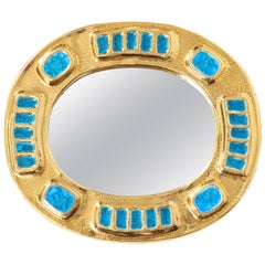 Francois Lembo Ceramic Mirror Gold Blue Fused Glass France, 1970s